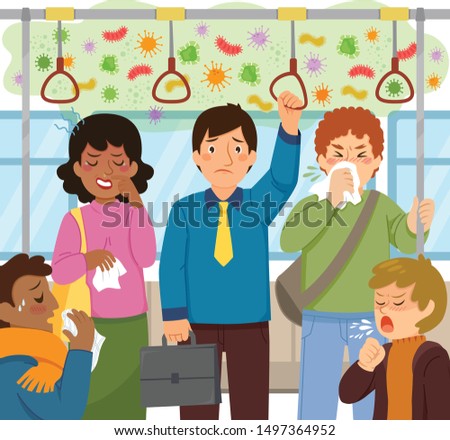 Worried man standing in a crowded subway train full of sick people and germs