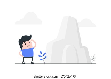 Hombre preocupado frente a una gran roca. Ilustración conceptual de Obstacle.