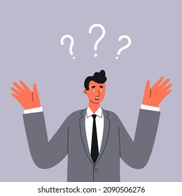Worried man in suit looks confused and questions marks. Trying to find solution. Problem solving concept. Flat modern vector illustration.