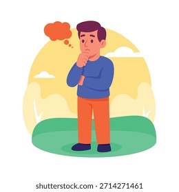 Hombre preocupado pensando en el Estado y el paquete de la orden de entrega, ilustración plana premium