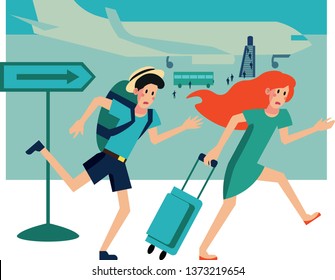 Worried Man And Woman Tourists Running At Airport. Couple Tourists Hurry To Board Plane. Travelers Missing Flight. Troubles With Transit Flight. Flat Cartoon Vector Illustration.