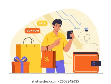 A worried man in a yellow shirt holding shopping bags and a phone, looking at his wallet with a fly flying out. Sale and buy now signs are shown. E-commerce spending concept. Vector illustration