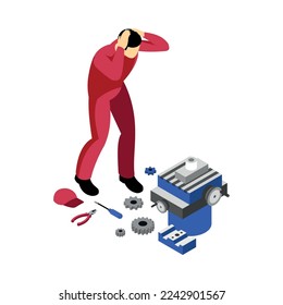 Worried mechanic looking at broken equipment 3d isometric vector illustration