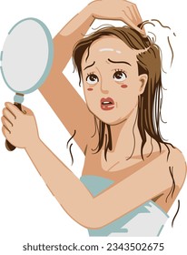 Worried middle aged woman with hair loss problem and mirror