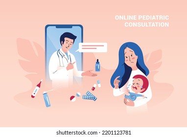 Worried Mother With Crying Baby Having Online Telemedicine Consultation With Remote Doctor. Family Doctor Online. Telemedicine And Healthcare Concept. Vector Illustration.