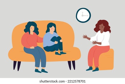 Worried mother and daughter visit a therapist doctor. Patient woman with girl talking to a counselor. Psychological consultation for teenagers or Psychotherapy session. Mental health disorder concept.