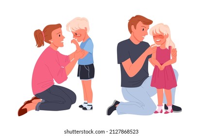 Worried mother and father calming down crying kids. Parenthood care and childhood problems, kid supporting moment and emotional comforting help cartoon vector illustration