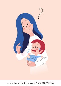 Worried Mother Holding her Newborn Boy Crying. Vector Illustration