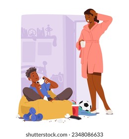 Worried Mother And Teenager Engrossed In Computer Games, Showcasing Gadget Addiction. Son Character Ignore Parent, Awareness Of Screen Time Balance. Cartoon People Vector Illustration