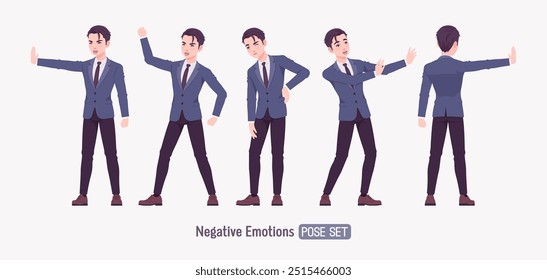 Worried nervous Asian guy, young businessman wearing formal outfit set, standing pose professional portrait. Annoyed millennial upset angry company leader, frustrated employer. Vector illustration