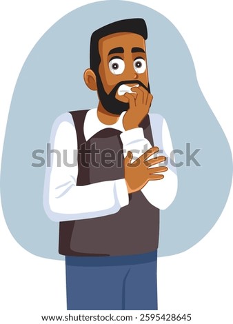 
Worried Office Worker Biting His Nails Vector Concept Illustration. Stressed out businessman feeling overwhelmed and frustrated 
