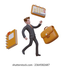 Worried office worker, clerk, businessman. Male character in business suit, calendar, notebook, briefcase. Realistic vector composition on white background. Many tasks, time management