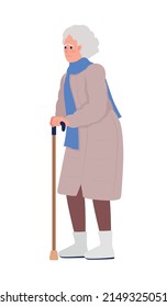 Worried Old Woman With Walking Stick Semi Flat Color Vector Character. Standing Figure. Full Body Person On White. Simple Cartoon Style Illustration For Web Graphic Design And Animation