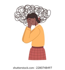 Worried and overthinking woman with tangled mess in head. Isolated female character with thoughts and depression, anxiety and stress. Vector in flat style