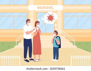 Worried Parents See Their Son Off To Lessons Flat Color Vector Illustration. Corona Precautions. Mom And Dad Anxious About Pandemic 2D Cartoon Characters With School Building On Background