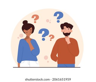 Worried people concept. Confused man and woman ask questions and look for answers. Characters find solutions to problems and overcome obstacles. Dilemma or thinking. Cartoon flat vector illustration