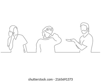 Worried people in line art drawing style. Composition of two persons supporting their friends. Black linear sketch isolated on white background. Vector illustration design.