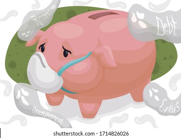 Worried piggy bank wearing a half mask, haunted by recession, debt and unemployment ghosts, all this due COVID-19 pandemic and its economic impacts.