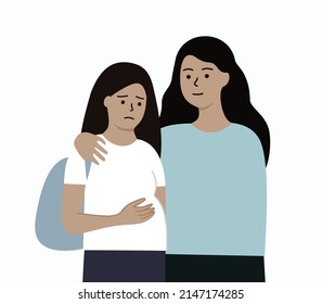 Worried pregnant black teenager girl embracing belly. Mother comforting and hugging her. Abortion, family support, Relationship, parenting, early pregnancy concept. Flat people vector illustration.