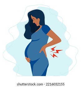 Worried Pregnant black woman experiences backache discomfort. Spinal discomfort.Pregnant woman suffering from lower back pain. Pregnancy symptoms, motherhood, Health problem concept.