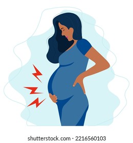 Worried Pregnant black woman suffering stomach ache.Problems with pregnancy. Sickness, Pregnancy symptoms, motherhood, Health problem concept.Vector illustration