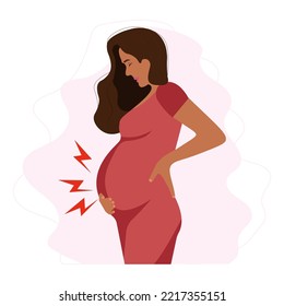 Worried Pregnant black woman suffering stomach ache.Problems with pregnancy. Sickness, Pregnancy symptoms, motherhood, Health problem concept.Vector illustration