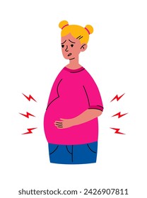 Worried Pregnant girl stomach ache. Mother in bad condition. Sickness, Pregnancy symptoms, motherhood, Health problem concept. Premature birth, contractions.