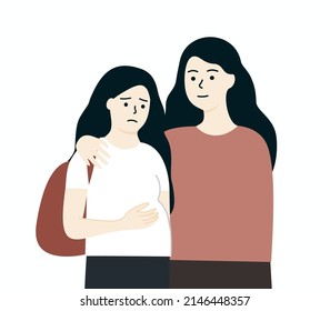 Worried pregnant teenager girl embracing her belly. Mother comforting and hugging her. Communication, family support, Relationship, parenting, early pregnancy concept. Flat people vector illustration.