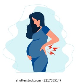 Worried Pregnant woman experiences backache discomfort. Spinal discomfort.Pregnant woman suffering from lower back pain. Pregnancy symptoms, motherhood, Health problem concept.Vector illustration