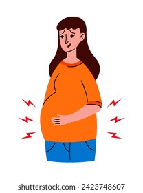Worried Pregnant woman stomach ache. Mother in bad condition. Sickness, Pregnancy symptoms, motherhood, Health problem concept. Premature birth, contractions.