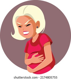 
Worried Pregnant Woman Suffering from cramps Vector Cartoon Illustration. Mother to be entering labor phase with painful contractions
