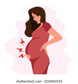 Worried Pregnant woman suffering stomach ache.Problems with pregnancy. Sickness, Pregnancy symptoms, motherhood, Health problem concept.Vector illustration