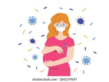 Worried pregnant woman is wearing a medical mask protecting herself from viruses. Protection during pregnancy.