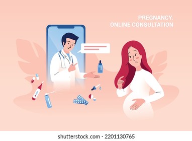 Worried pregnant young woman holding hand on her belly and communicating with doctor on web. Telemedicine, pregnancy, expecting baby and healthcare concept. Vector illustration.