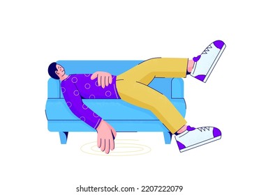 Worried sad man lying on couch. Bored and tired person without motivation in apathy on sofa. Lazy character procrastinating and postponing. Burnout and stress concept illustration