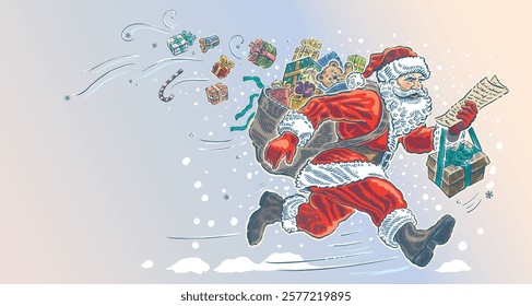 Worried Santa, with a bag of gifts and the list of who to give these gifts to, runs forward, hurries to the recipients. Vector illustration.