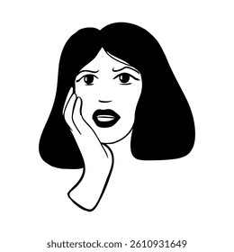 Worried and scared woman with hand on cheek Vector illustration