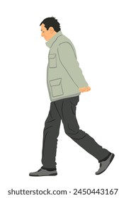 Worried senior person walking with hands on back vector illustration isolated on white background. Mature man worried, thinking about problems. People active life. Grandfather outdoor autumn jacket.