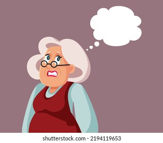 
Worried Senior Woman with Thinking Bubble Vector Cartoon Character. Elderly lady feeling remorse and guilt feeling confused
