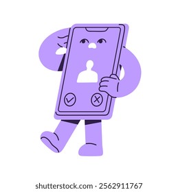 Worried smartphone mascot communicates by cellular. Confused telephone talks on the phone. Cellphone character with incoming call from unknown on screen. Flat isolated vector illustration on white