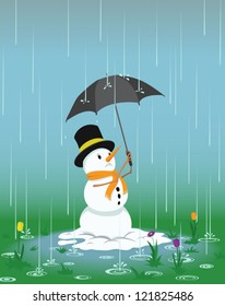 Worried snowman trying to keep dry under an umbrella as spring flowers start to grow around him.