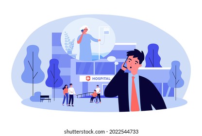 Besorgnis erregender Sohn, der ältere Mutter im Krankenhaus anruft. Geschäftsmann, der außerhalb des medizinischen Zentrums steht, flache Vektorgrafik. Gesundheitswesen, Medizin-Konzept für Banner, Website-Design oder Landing-Website