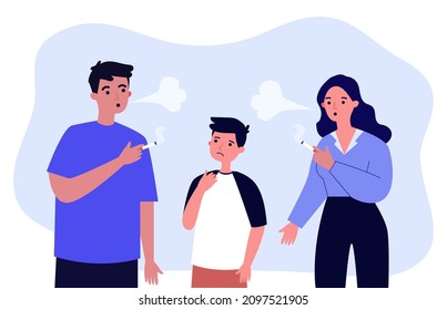 Worried son standing between smoking mother and father. Parents with unhealthy habit holding cigarettes flat vector illustration. Family, health, addiction concept for banner or landing web page