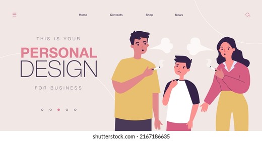 Hijo preocupado parado entre madre fumadora y padre. Padres con un hábito poco saludable portando cigarrillos ilustraciones vectoriales planas. Familia, salud, concepto de adicción para banner o página web de aterrizaje