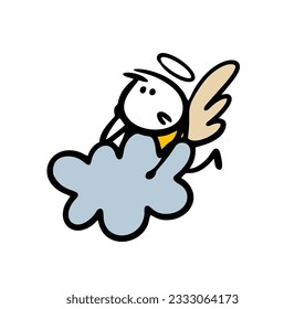 Worried stickman angel is hiding in the sky on a cloud. Vector illustration of a religious character from the Bible. Funny comics person action isolated on white background. 