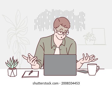 Worried stressed businessman, he shocked by bad news using laptop at work. Hand drawn in thin line style, vector illustrations.