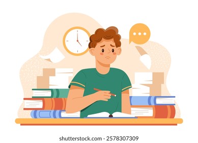 A worried student holding a pencil, surrounded by books and papers, with a clock in the background. Illustration on a white backdrop, concept of studying. Vector illustration