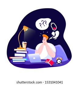 Worried student with insomnia or nightmare sitting in bed at night bedroom scared because of panic attack Sleepless pupil sick person awake with tired sadness face anxiety attack Vector illustration