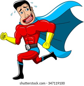 Worried superhero running away isolated