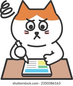 Un gato tabby preocupado no puede responder las preguntas con un tablet PC. Ilustración vectorial.